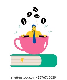 Business man laying in the cup of coffee on a book. Free time concept. Flat vector illustration isolated on white background




