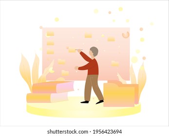 Business man lays out folder symbols. File management concept, keeping order in digital information, data storage. Multicolored vector illustration for web banner, advertising.