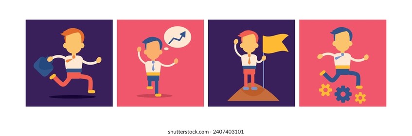 Business Man Leader Achieving Goals Icon Vector Set