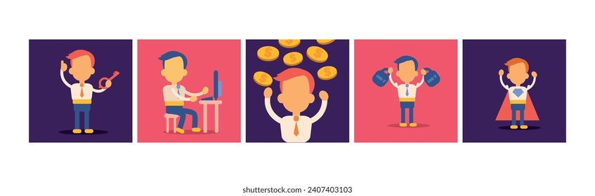 Business Man Leader Achieving Goals Icon Vector Set