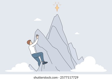 Business man leader climbs to top of cliff to get winner star and become best corporation. Businessman leader showing ambition and motivation to achieve career goals or move up in position