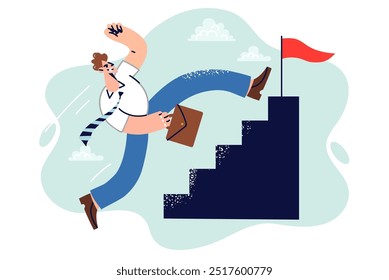 Business man leader runs up stairs trying to be first to reach finish line, ahead of colleagues and competitors. White collar guy leader strives to climb career ladder and become boss of company 