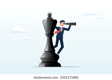 Business man leader standing on king chess piece using telescope to see business vision, business planning strategy, leadership vision to make decision, management or business opportunity (Vector)