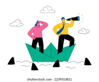 Un hombre de negocios lidera un equipo a través de una crisis en un barco de papel. Ilustración vectorial plana aislada en fondo blanco