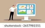 Business Man Leaning on Computer with Official Documents and Sales Graphs. White collar work, trading and financial activity vector art