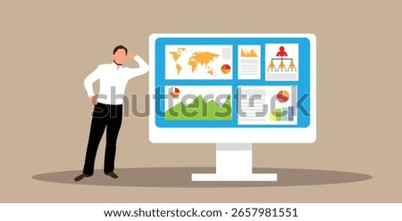 Business Man Leaning on Computer with Official Documents and Sales Graphs. White collar work, trading and financial activity vector art