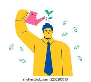 Business man learner using watering can to water growing seedling on his head. Self improvement concept. Flat vector illustration isolated on white background
