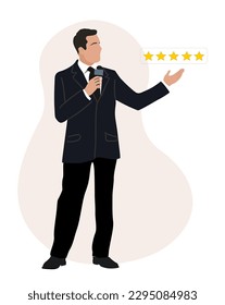 Business man leave five star rating and service satisfaction feedback. Young man in formal suit give a review rating and feedback. Vector realistic Illustration isolated on white background