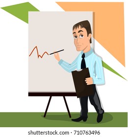 Business man, Lector or trainer stand near board presentation showing speak project brief. High quality vector illustration. line chart