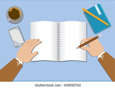 Business man to lecture with note book on working desk , Top view