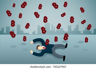 business man lie down on the floor with bitcoine rain.