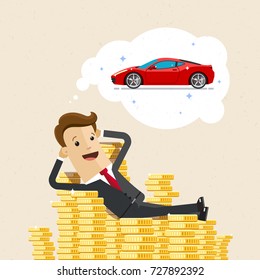 Business man lies on a pile of money and dreams of a luxury car. Vector, illustration, flat