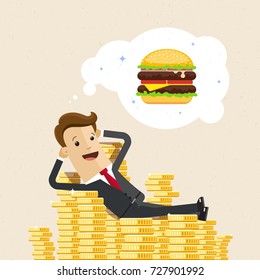 Business man lies on a pile of money and dreams about hamburger. Vector, illustration, flat