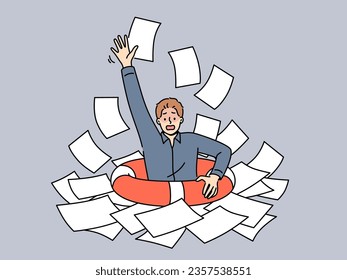 Business man with lifeline is drowning in paperwork, suffering from burnout-causing bureaucracy. Corporate manager guy needs help with digitalization and getting rid of bureaucracy.