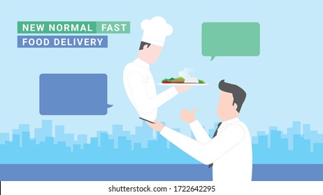 Business man lifestyle after pandemic covid-19 corona virus. New normal is food delivery with fastest speed by online ordering. Flat design style vector concept