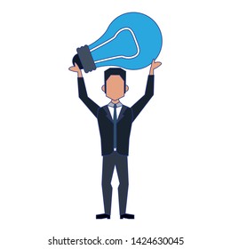 business man lifting a light bulb avatar cartoon character vector illustration graphic design
