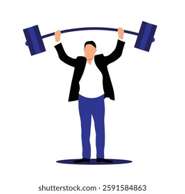 Business Man Lifting Weights Isolated on White. Company management CEO work, being strong worker, leadership and creative thinking concept vector art