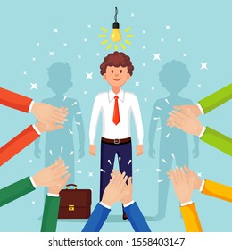 Business man with light bulb. Creative idea, innovation technology, genius solutions. Clap of the hands, applause. Good opinion, positive feedback. Congratulate with successful deal Vector flat design