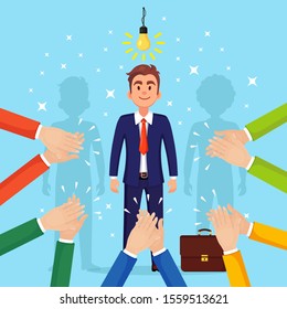 Business man with light bulb. Creative idea, innovation technology, genius solutions. Clap of the hands, applause. Good opinion, positive feedback. Congratulate with successful deal Vector flat design