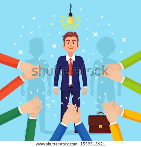 Business man with light bulb. Creative idea, innovation technology, genius solutions. Clap of the hands, applause. Good opinion, positive feedback. Congratulate with successful deal Vector flat design
