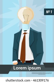 Business Man Light Bulb Head New Idea Flat Vector Illustration