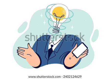 Business man with light bulb instead of head symbolizing presence of many ideas for starting business. Company boss in formal suit holds smartphone offering ideas for optimizing corporate processes