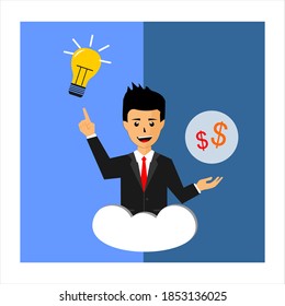 a business man and a light bulb on his right and a money icon on his left