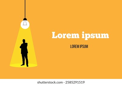 Business Man In Light Bulb Spotlight Place for Text. Leadership and bright idea brainstorming. HR and recruitment concept vector art