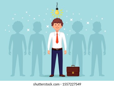 Business man with lightbulb. Creative idea, innovation technology, genius solution concept. Vector cartoon design