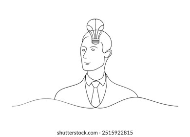 A Business man with lightbulb in the open heads One line continuous line art vector illustration on white background