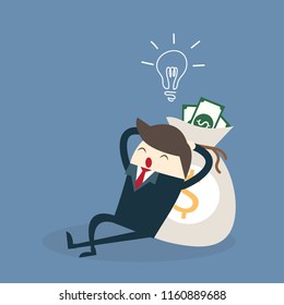 business man with ligth bulb,sleep near money bag ,saving investment 