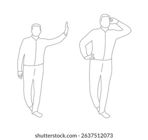 Business Man Line Art Standing in Leaning Pose. People and activities concept vector art