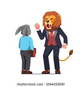 Business man with lion animal head screaming, roaring, showing clenched fist on scared employee or rabbit head coworker showing who is boss. Corporate discrimination concept. Flat vector illustration