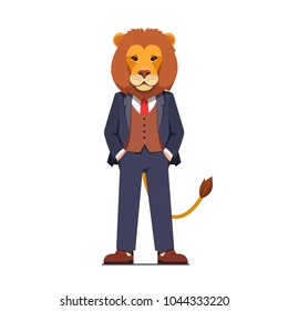 Business Man With A Lion Animal Head Standing Confidently With Hands In Pockets. Successful Businessman Or Rich Banker Wearing Formal Suit. Flat Style Vector Illustration Isolated On White Background