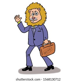 Business man with lion head going to work. He bring along a briefcase with secret documents in its.