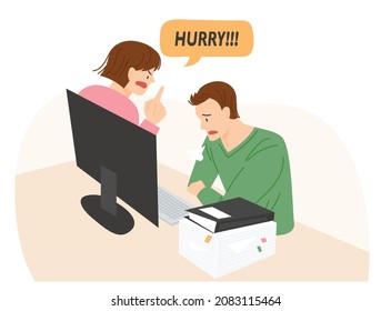 A business man is listening to the boss nagging from his computer monitor. flat design style vector illustration.