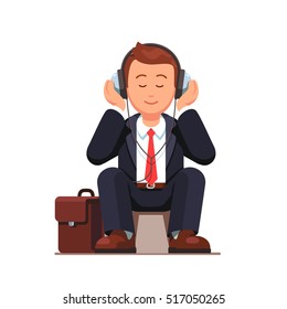 Business man listening to music wearing big headphones and sitting near his briefcase. Flat style vector illustration isolated on white background.