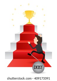 business man locked in a debt ball trying to climb up on top staircase for get reward