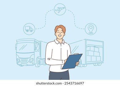 Business man from logistics company stands near cargo fergon and airplane and geotag icons. Employee of logistics company selects ways to supply and deliver or export goods to other countries