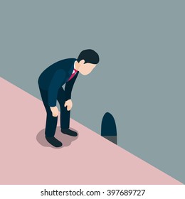 Business man look down through rat hole. vector illustration.