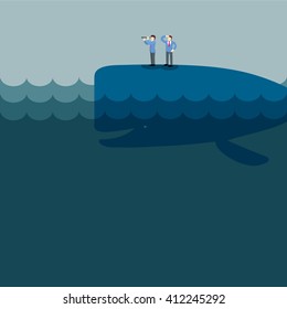 business man look for opportunity with telescope standing on whale in the sea.