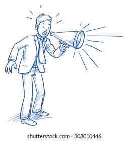 Business man looking angry, stressed while shouting in megaphone, hand drawn doodle vector illustration