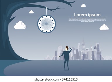Business Man Looking At Clock Hanging On Tree Over Modern City View Time Management Deadline Concept Vector Illustration