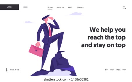 Business Man Looking to Distance on Top of Mountain. Successful Businessman on Peak, Goal Achievement, Marketing Strategy Website Landing Page, Web Page. Cartoon Flat Vector Illustration, Banner