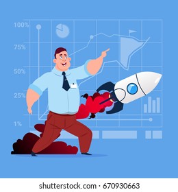 Business Man Looking At Flying Rocket New Startup Strategy Concept Flat Vector Illustration