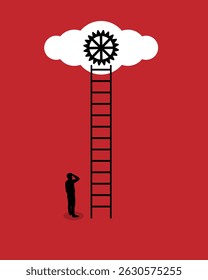 Business Man Looking at Gear Cloud Up the Stairs Minimalist Illustration. Business ideas and problem solving, people and activities vector art