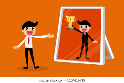 Business man looking himself being successful in a mirror reflection. business concept. vector illustration.