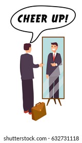 Business man looking at himself in the mirror pointing finger and saying to cheer up. Man in a suit with a tie in full length. Briefcase is standing by his side. Vector flat design illustration.
