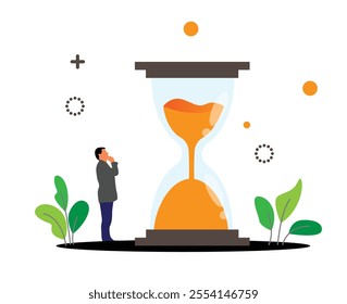 Business Man Looking at Hourglass to Check Time. Management and coping with deadline vector art. People and office workers concept