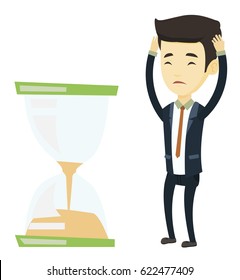 Business man looking at hourglass symbolizing deadline. Business man worrying about deadline terms. Time management and deadline concept. Vector flat design illustration isolated on white background.